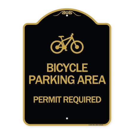 Bicycle Parking Area-Permit Required With Graphic, Black & Gold Aluminum Architectural Sign